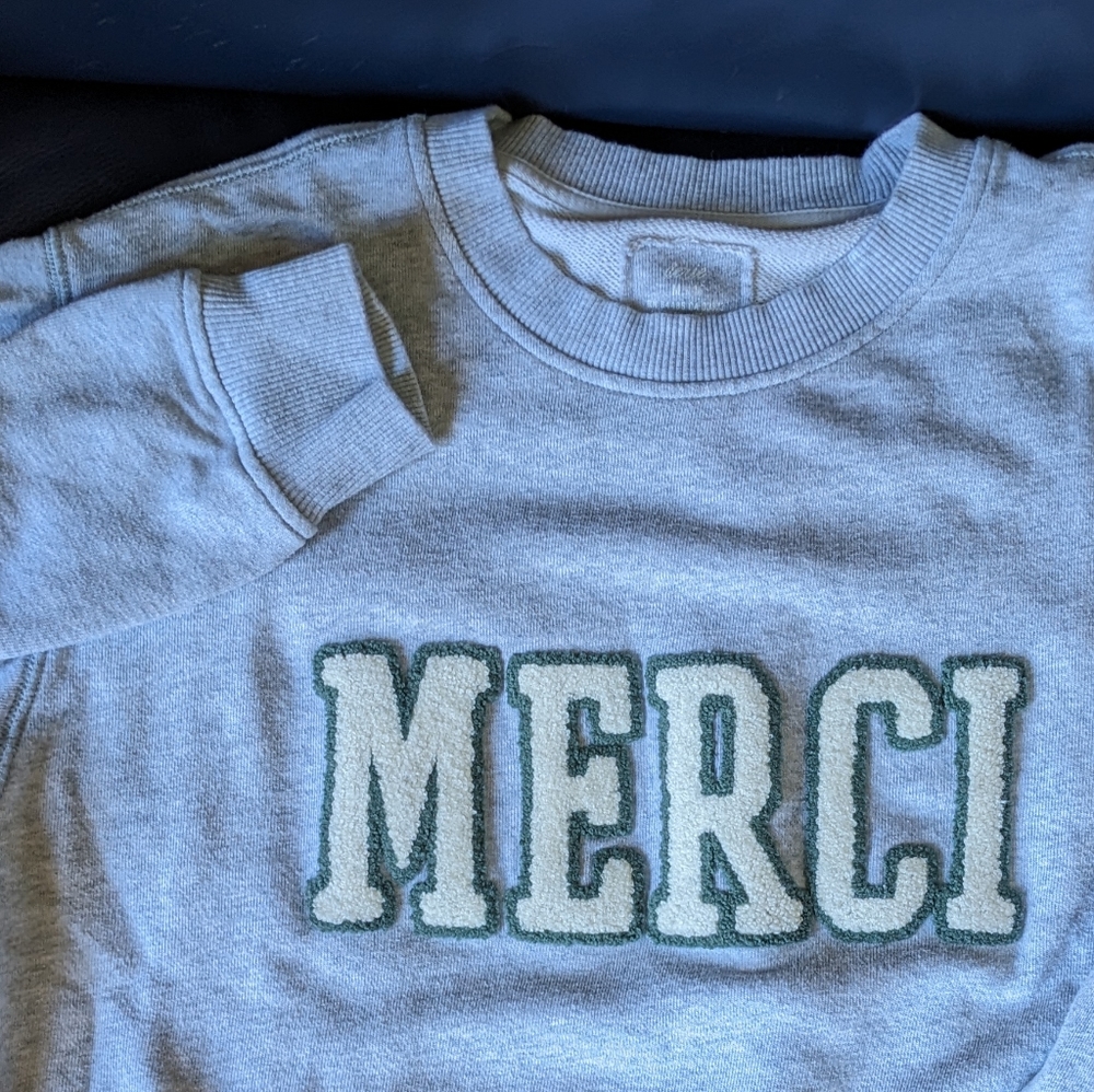 AERIE Varsity Merci Sweatshirt | Graphic Letters, French | Grey Lounge, Sz M